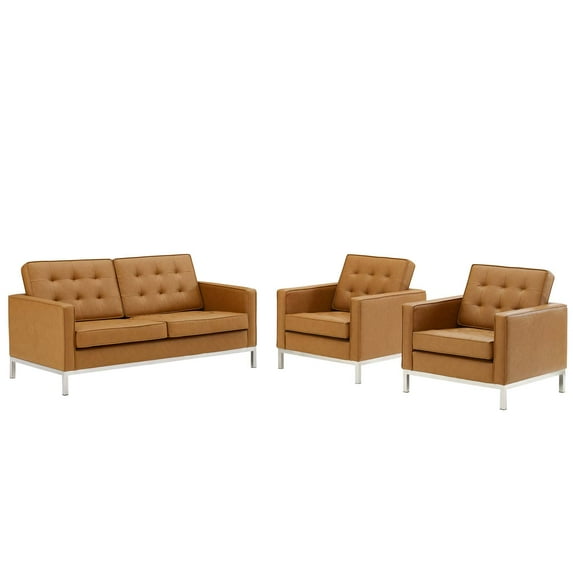 Tufted Armchair and Loveseat Sofa Set, Faux Leather, Silver Tan, Modern Contemporary Urban Design, Living Lounge Room Hotel Lobby Hospitality