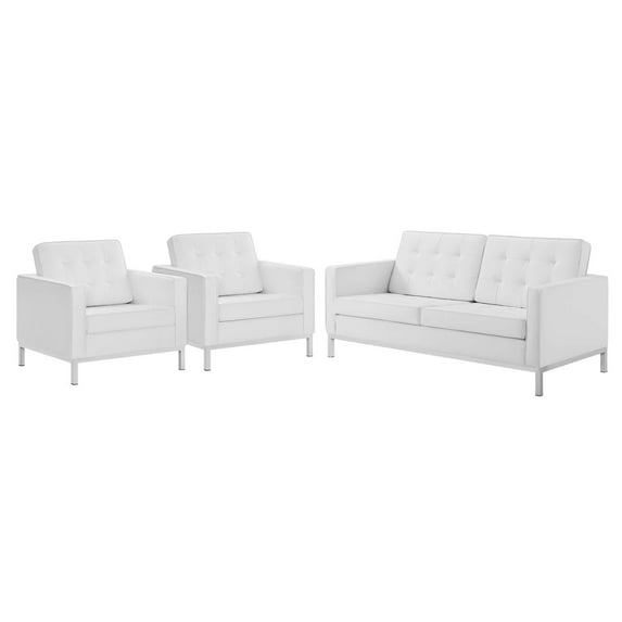 Tufted Armchair and Loveseat Sofa Set, Faux Leather, Silver White, Modern Contemporary Urban Design, Living Lounge Room Hotel Lobby Hospitality