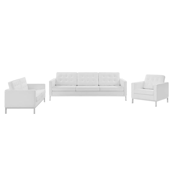 Tufted Armchair and Loveseat Sofa Set, Faux Leather, Silver White, Modern Contemporary Urban Design, Living Lounge Room Hotel Lobby Hospitality