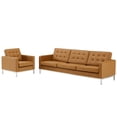 thumbnail image 1 of Tufted Armchair and Sofa Set, Faux Leather, Silver Tan, Modern Contemporary Urban Design, Living Lounge Room Hotel Lobby Hospitality, 1 of 6