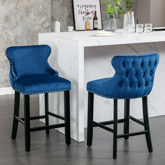 Tufted Bar Stools Set of 2, Upholstered Button Tufted Counter Bar Height Bar Chairs with Back, Velvet Kitchen Island Chair Barstools with Wood Legs for Dining Room Bar Coffee Shop, Blue