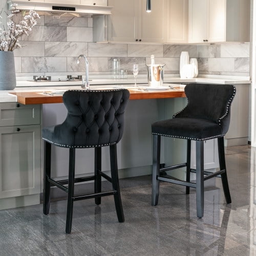 Counter Height Bar Stools Set of 2, Velvet Upholstered Barstools with Wooden Leg and Chrome Nailhead Trim, Wingback Armless Chairs Contemporary Leisure Counter Stool Chair for Dining Kitchen Bar,Black