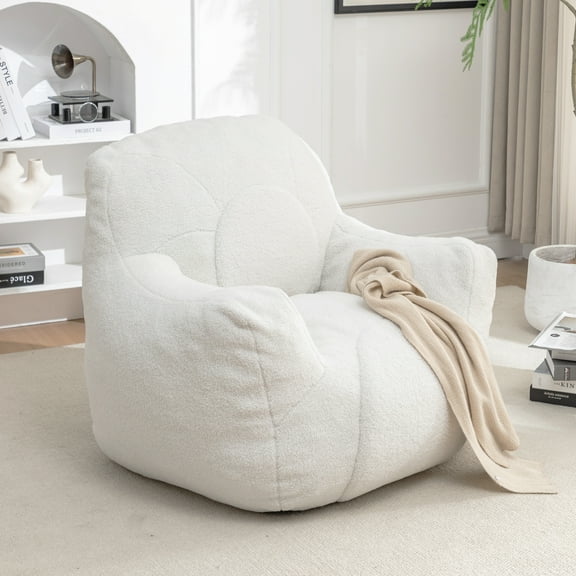 Tufted Bean Bag Chair with Soft Memory Foam Filling, Fluffy and Cozy Stuffed Floor Sofa for Adults or Teens, Comfortable Lazy Seating for Dorm Room, Apartment, Bedroom, or Living Room, White