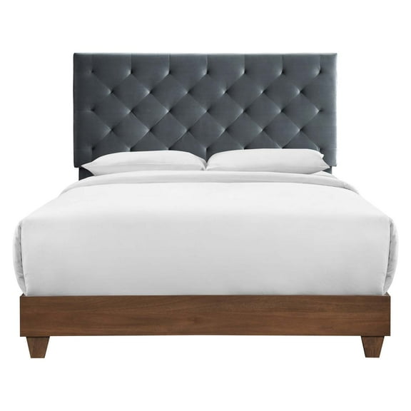 Tufted Bed Frame, Queen Size, Velvet, Wood, Brown Walnut Grey Gray, Modern Contemporary Urban Design, Box Spring Required