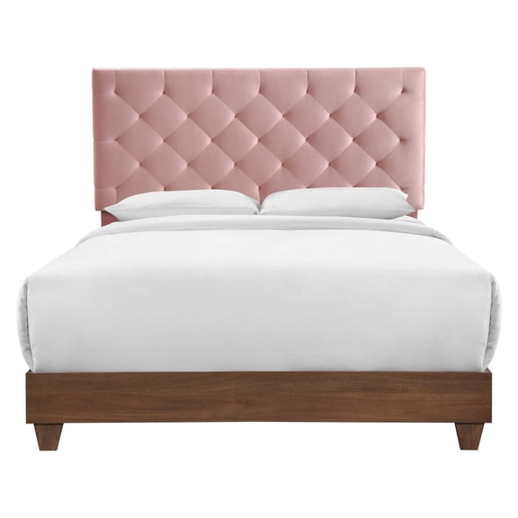 Tufted Bed Frame, Queen Size, Velvet, Wood, Walnut Pink, Modern Contemporary Urban Design, Box Spring Required