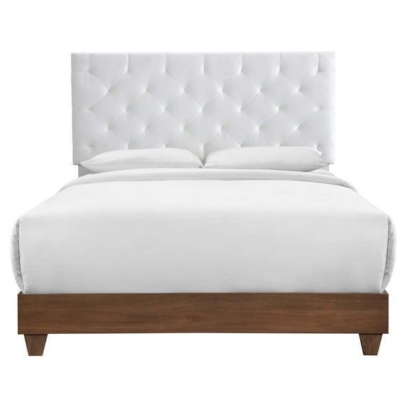 Tufted Bed Frame, Queen Size, Velvet, Wood, Walnut White, Modern Contemporary Urban Design, Box Spring Required