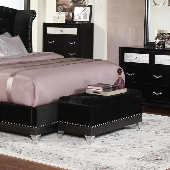 Tufted Black Storage Trunk with Metallic Legs - Store Pillows and Blankets in Style
