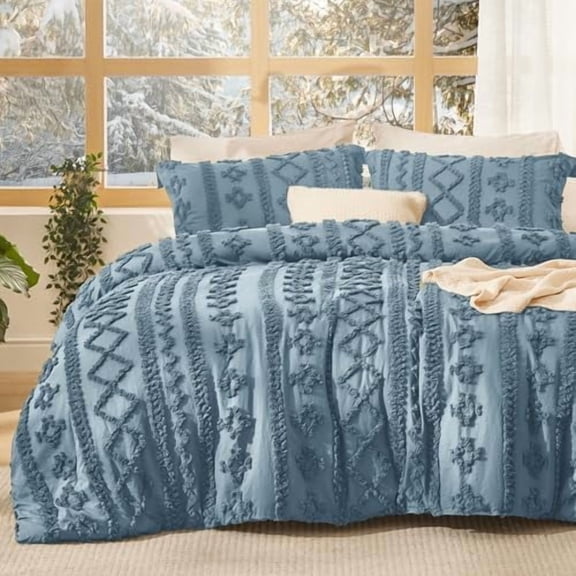 Tufted Boho Comforter Set Full Size - Dusty Blue Boho Bed Set, GentleSoft™ 3 Pieces Farmhouse Shabby Chic Embroidery Bedding, Gifts for Woman, Soft Jacquard Full Comforter for All Seasons