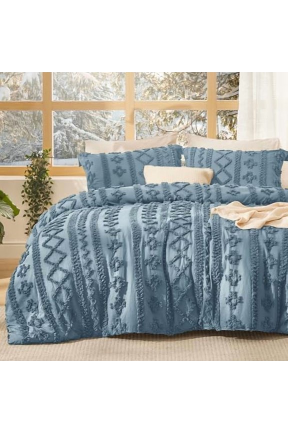 Tufted Boho Comforter Set Full Size - Dusty Blue Boho Bed Set, GentleSoft™ 3 Pieces Farmhouse Shabby Chic Embroidery Bedding, Gifts for Woman, Soft Jacquard Full Comforter for All Seasons