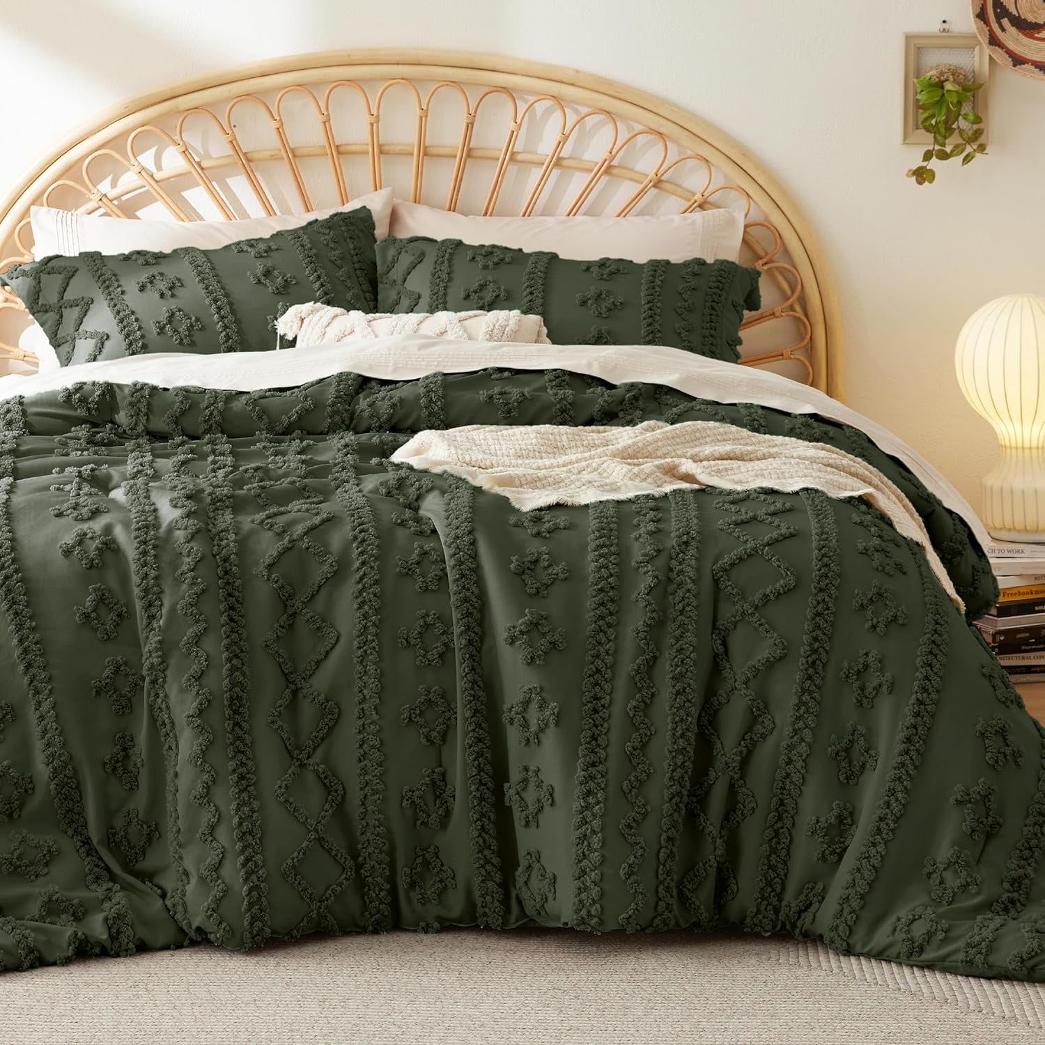 Tufted Boho Comforter Set Full Size - Olive Green Boho Bedding ...