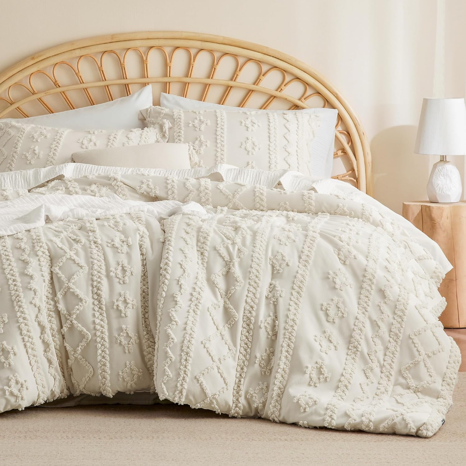 Tufted Boho Comforter Set Queen Beige Boho Bedding Comforter Set, 3