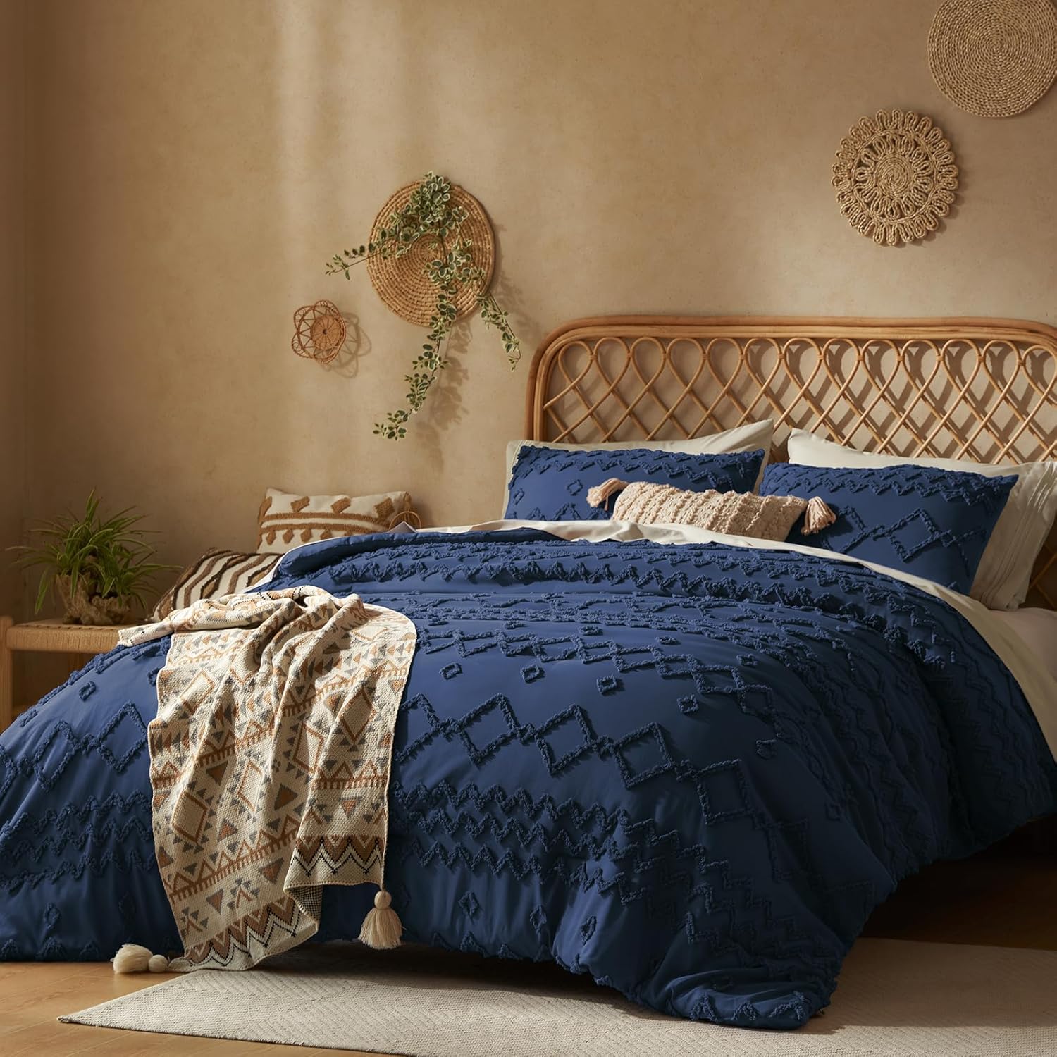 Tufted Boho Comforter Set Queen - Navy Blue Comforter 3 Pieces ...