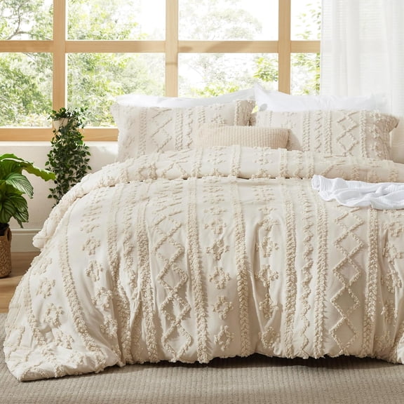 Tufted Boho Comforter Set Queen Size - Beige Boho Bed Set, GentleSoft 3 Pieces Farmhouse Shabby Chic Embroidery Bedding, Gifts for Woman, Soft Jacquard Queen Comforter for All Seasons