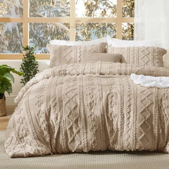 Tufted Boho Comforter Set Queen Size - Khaki Boho Bed Set GentleSoft 3 Pieces Farmhouse Shabby Chic Embroidery Bedding Gifts for Woman Soft Jacquard Queen Comforter for All Seasons