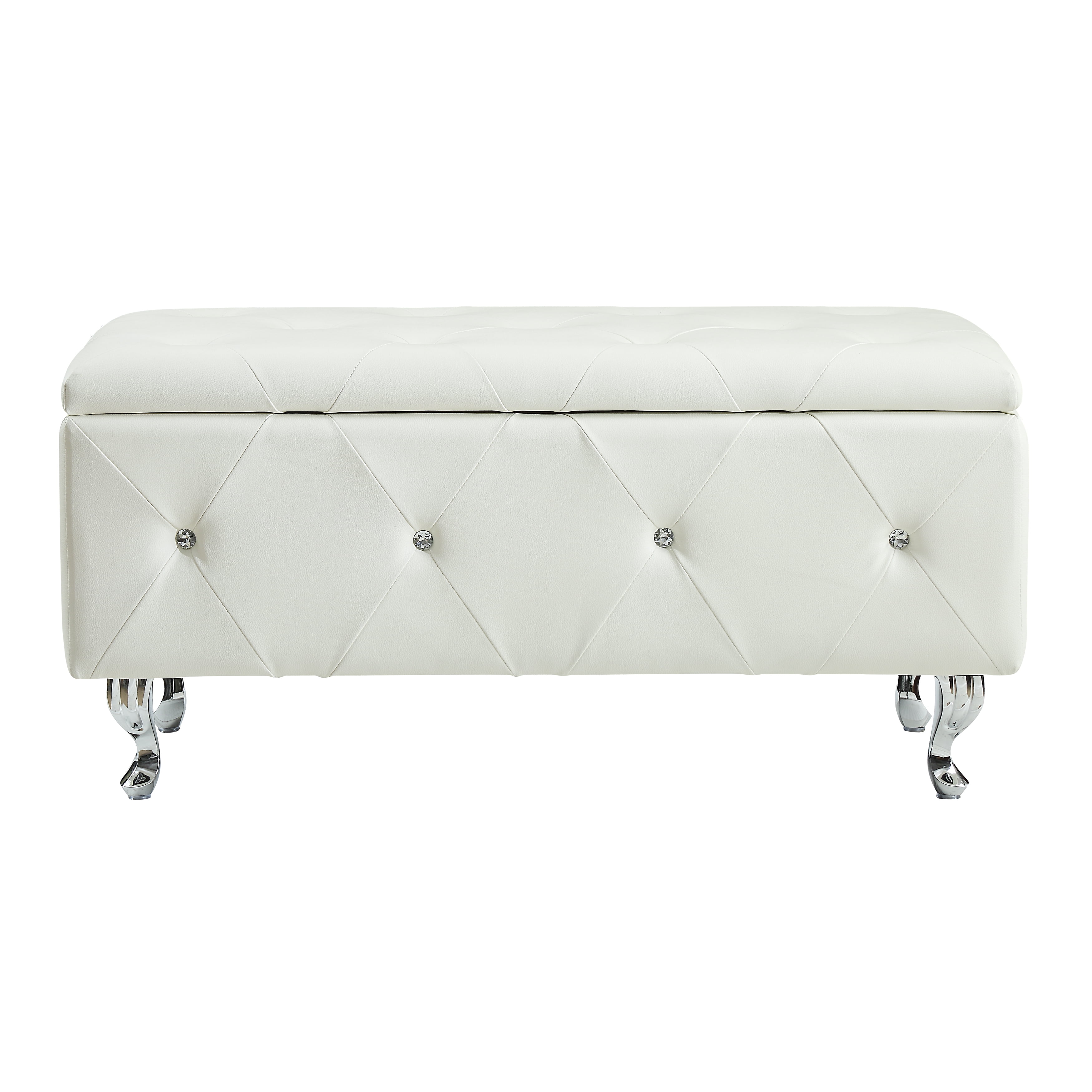Tufted Bonded Leather Storage Bench, Upholstered Ottoman with Crystal Decor, Hardwood Frame Hidden Storage Bench for Bedroom, Entryway and Living Room