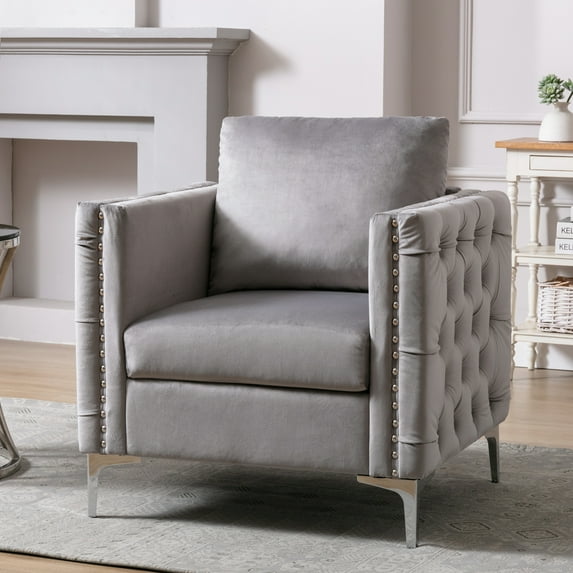 Tufted Button Armchair Velvet Accent Club Chair Mid Back Living Room Lounge Chair with Metal Legs, Modern Single Sofa Chair Fabric Upholstered Armchair in Grey
