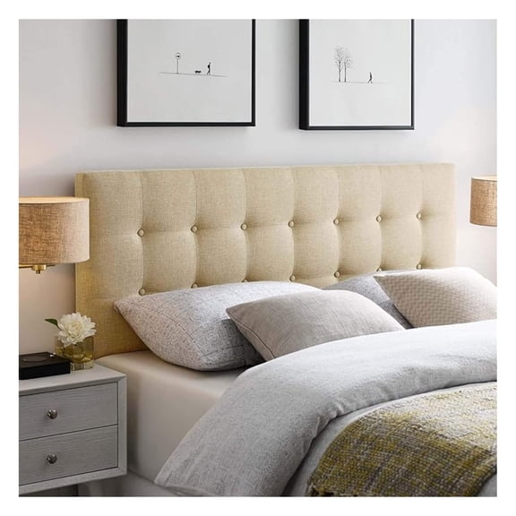 Tufted Button Linen Fabric Upholstered Queen Headboard in Beige