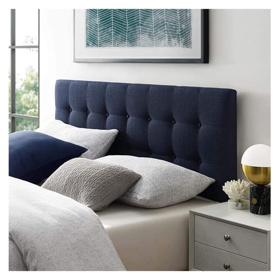 Tufted Button Linen Fabric Upholstered Queen Headboard in Navy