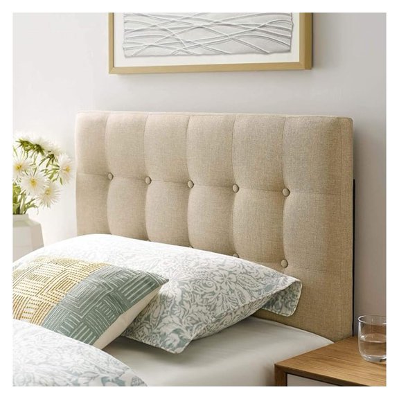 Tufted Button Linen Fabric Upholstered Twin Headboard in Beige