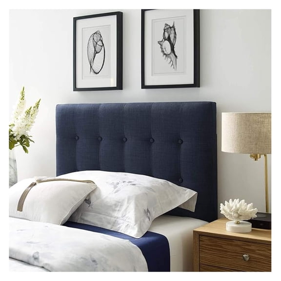 Tufted Button Linen Fabric Upholstered Twin Headboard in Navy