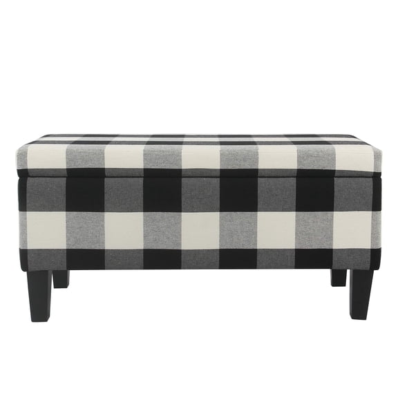 Tufted Button Storage Ottoman Bench with Hinged Lid, Black Plaid Pattern