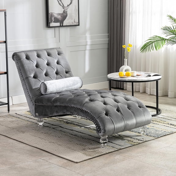 Tufted Chaise Lounge Chair Indoor,Velvet Upholstered Chaise Lounge Chair with Acrylic Legs and Lumbar Pillow,Armless Leisure Recliner Single Lounge Sofa for Living Room,Bedroom