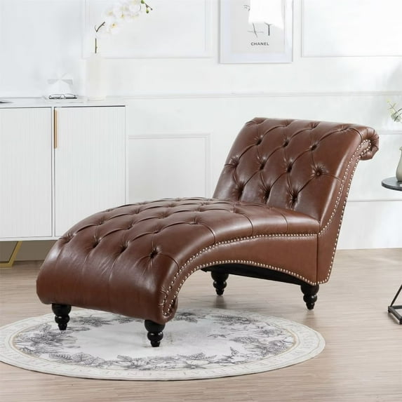Tufted Chaise Lounge Indoor, Leisure Accent Chair PU Leather Couch, Modern Chaise Lounge Chair, Tufted Armless Chaise Lounge, for Bedroom Living Room Office, Brown