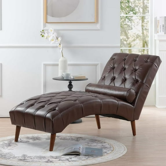 Tufted Chaise Lounge Indoor, Leisure Accent Chair Upholstered Couch with Pillow, Modern Chaise Lounge Chair, Tufted Armless Chaise Lounge, for Bedroom Living Room Office, Dark Brown PU