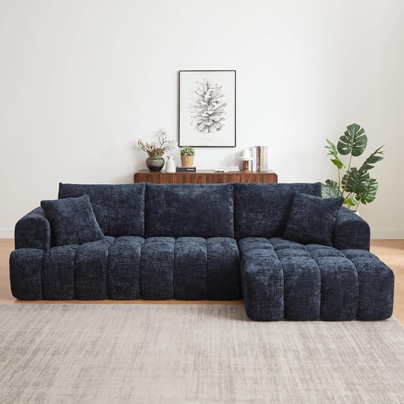 Tufted Chenille Cloud Modular Sectional Sofa,Oversized 2-Piece Right Facing Boneless Couch with Chaise Lounge, L-Shape Floor Lounge Sofa with 2 Throw Pillows for Living Room, No Assembly Required