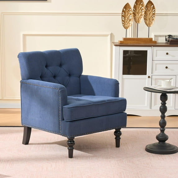 Tufted Club Chair, Accent Armchair with Button Upholstery, Studded Detail and Rubber Wood Legs, Mid-Century Modern Lounge Chair in Corduroy Fabric for Living Room and Bedroom, Blue