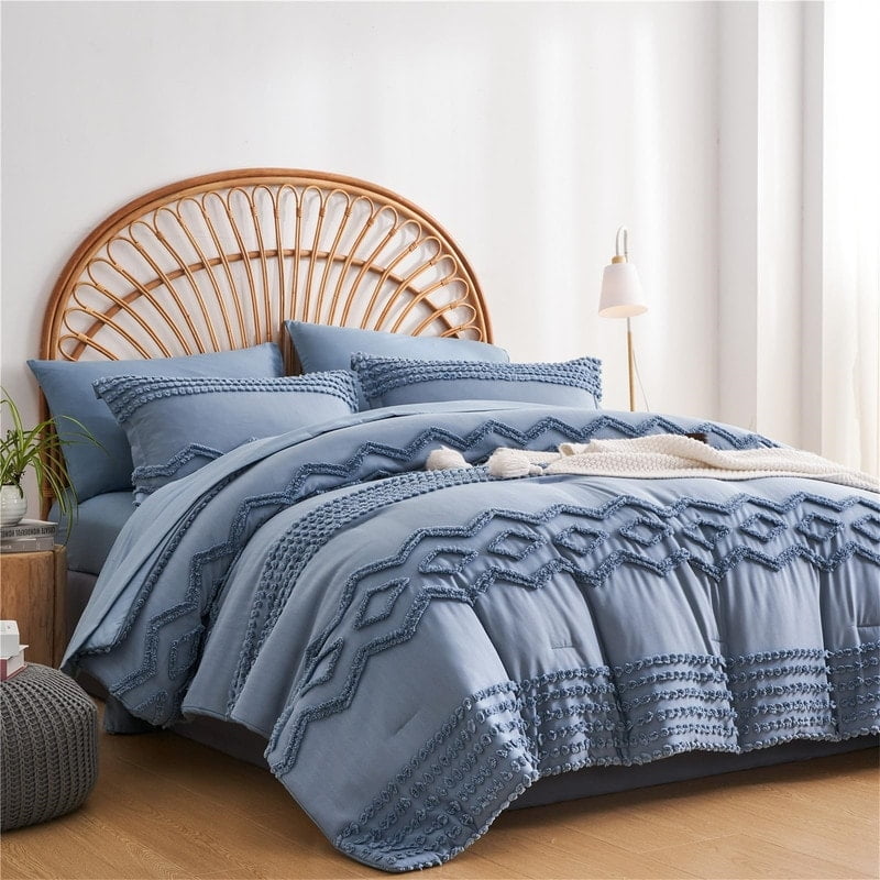 Blue Tufted Microfiber Queen Bed in a Bag Set
