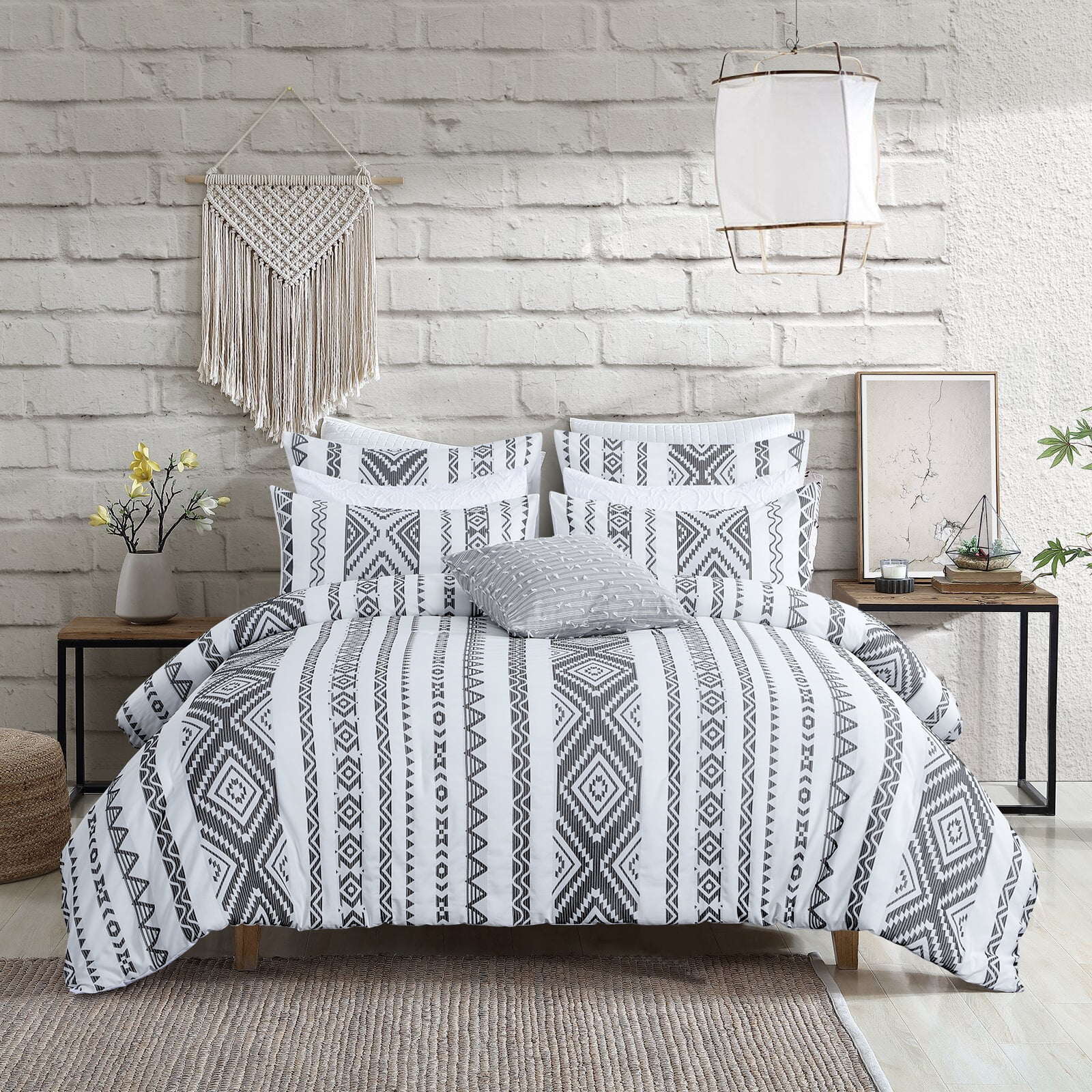 King White and Gray Microfiber Reversible Boho Comforter Set