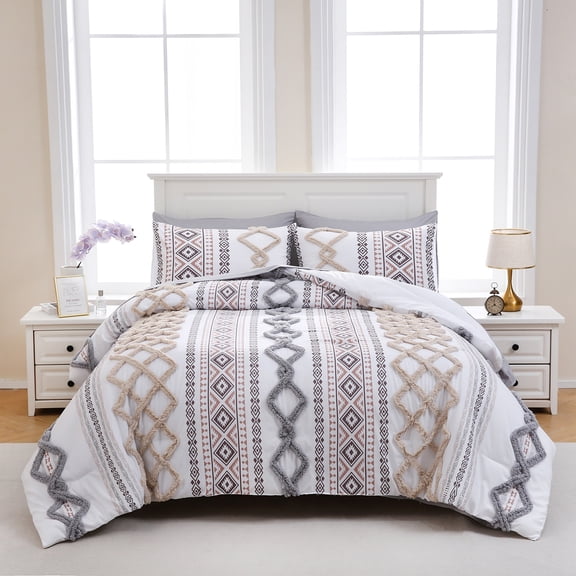 Tufted Comforter Set King Size Boho Comforter Set 7 Pieces Bed in a Bag King 100% Soft Microfiber Filling Aztec Comforter Set Shabby Chic Farmhouse Style Beige and Gray Fluffy Tufted Bedding Set