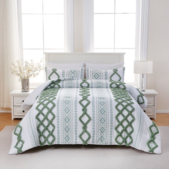 Tufted Comforter Set King Size Boho Comforter Set 7 Pieces Bed in a Bag King 100% Soft Microfiber Filling Aztec Comforter Set Shabby Chic Farmhouse Style Beige and Gray Fluffy Tufted Bedding Set