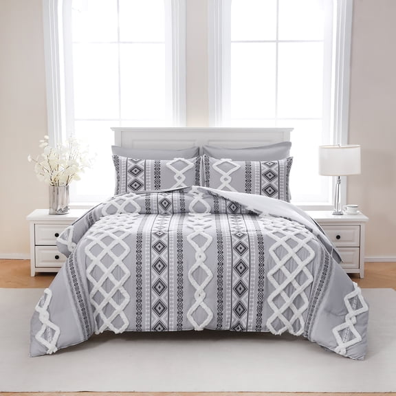 Tufted Comforter Set King Size Boho Comforter Set 7 Pieces Bed in a Bag King 100% Soft Microfiber Filling Aztec Comforter Set Shabby Chic Farmhouse Style Beige and Gray Fluffy Tufted Bedding Set