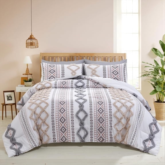 Tufted Comforter Set  Size Boho Comforter Set 7 count Bed in a Bag   Soft Microfiber Aztec Comforter Set Shabby Chic  Style Beige and Gray  Tufted Bedding Set