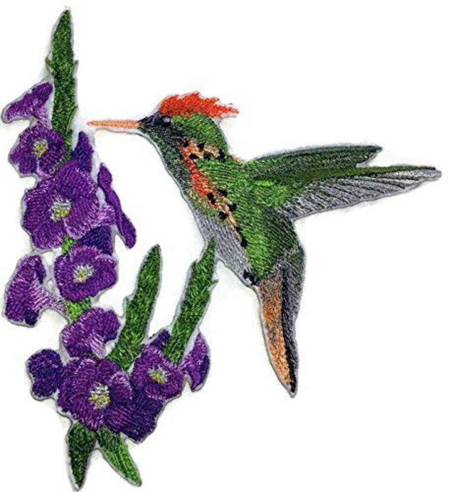 Tufted Coquette Hummingbird with Porter weed Flower Embroidered Iron on patch