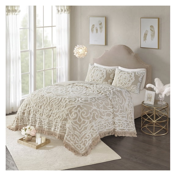 Tufted Cotton Chenille Medallion Fringe Coverlet Mini Set Taupe Full/Queen