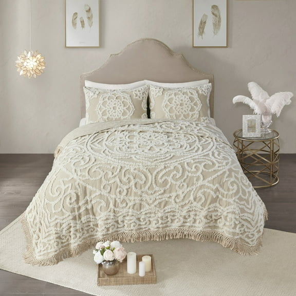 Tufted Cotton Chenille Medallion Fringe Coverlet Mini Set Taupe King/Cal King