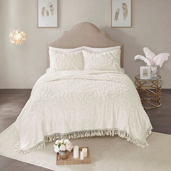 Tufted Cotton Chenille Medallion Fringe Coverlet Mini Set off-White Full/Queen
