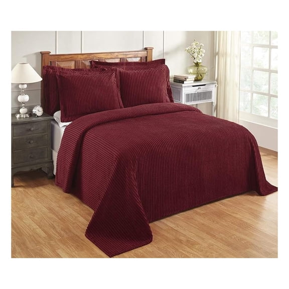 Tufted Cotton Chenille Stripe Bedspread Coverlet Burgundy Full Double Size