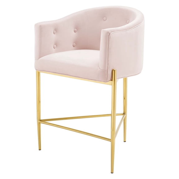 Tufted Counter Stool Chair, Velvet, Metal Steel, Pink, Modern Contemporary Urban Design, Bar Pub Cafe Bistro Hotel Restaurant Hospitality