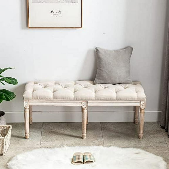 Tufted Dining Bench French Vintage Fabric Upholstered Wood Dining Room Bench Rustic Entryway Bench Bedroom End Bed Bench, Beige 48" Long