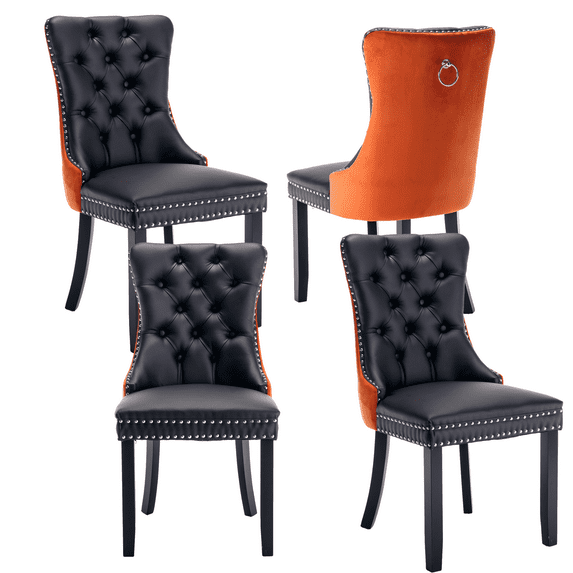 Tufted Dining Chair, Contemporary PU and Velvet Chairs for Dining Room Upholstered Dining Chairs with Nailhead Rivet Trim Design Pull Ring on Backrest (Black+Orange with PU,Set of 4)