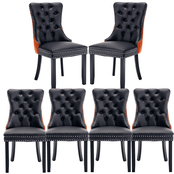 Tufted Dining Chair, Contemporary PU and Velvet Chairs for Dining Room Upholstered Dining Chairs with Nailhead Rivet Trim Design Pull Ring on Backrest (Black+Orange with PU,Set of 6)