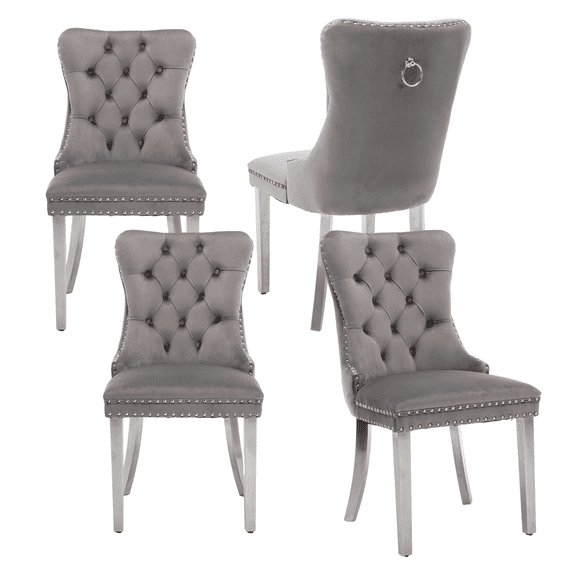 Tufted Dining Chair, Contemporary Velvet Chairs for Dining Room Upholstered Dining Chairs with Nailhead Rivet Trim Design Pull Ring on Backrest (Gray with Steel Leg,Set of 4)