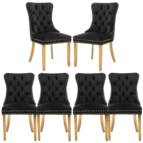 Tufted Dining Chair, Contemporary Velvet Chairs for Dining Room Upholstered Dining Chairs with Nailhead Rivet Trim Design Pull Ring on Backrest (Black with Steel Leg,Set of 6)