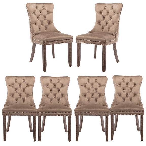 Tufted Dining Chair, Contemporary Velvet Chairs for Dining Room Upholstered Dining Chairs with Nailhead Rivet Trim Design Pull Ring on Backrest (Khaki,Set of 6)