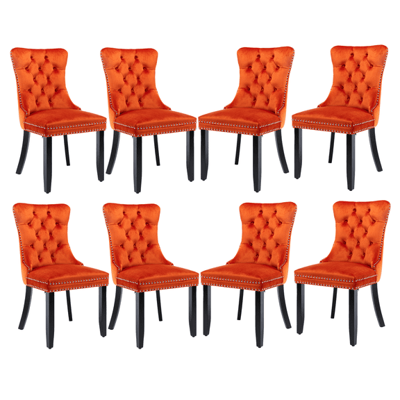 Tufted Dining Chair, Contemporary Velvet Chairs for Dining Room Upholstered Dining Chairs with Nailhead Rivet Trim Design Pull Ring on Backrest (Orange,Set of 8)