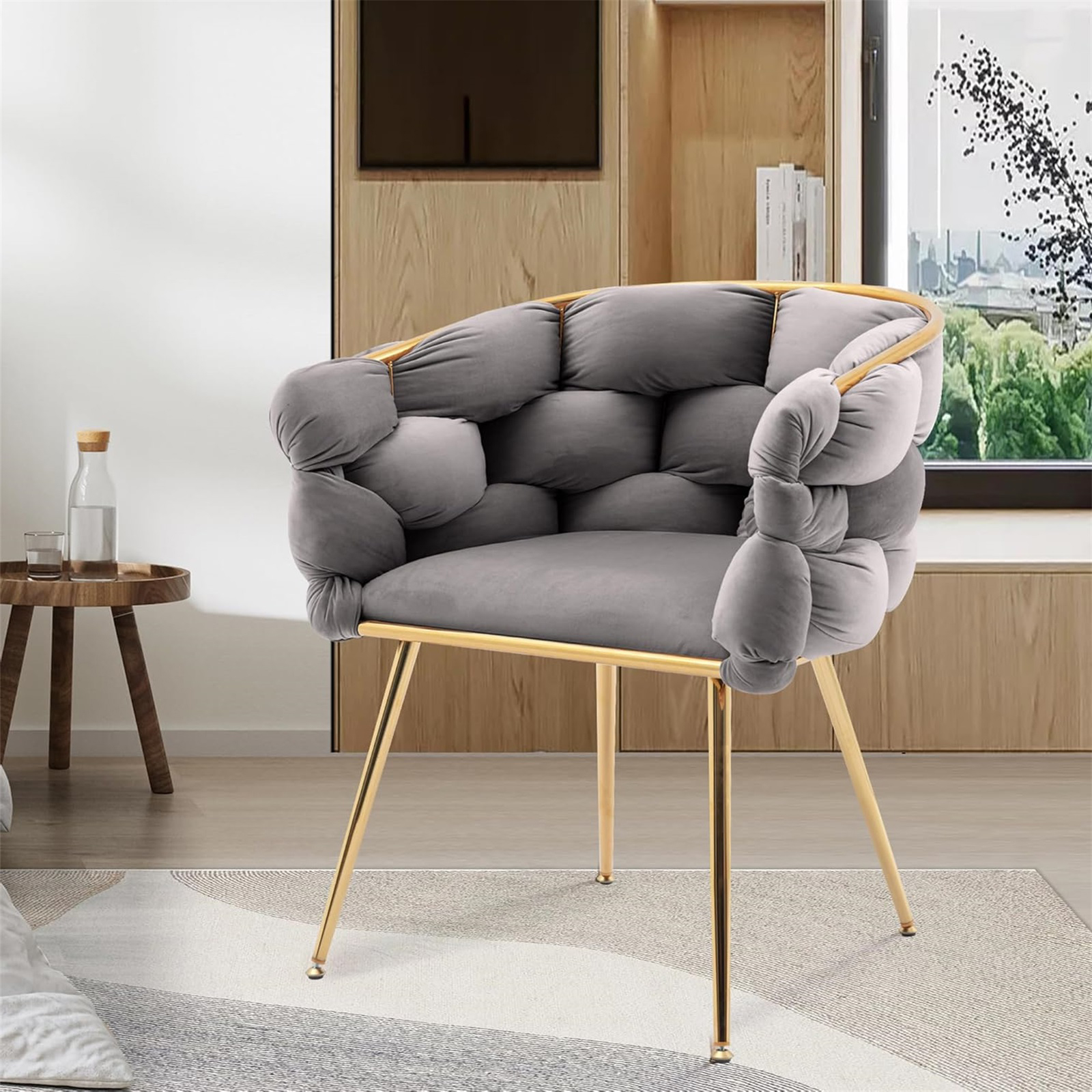 Tufted Dining Chair with Gold Metal Legs, Modern Ergonomic Kitchen ...
